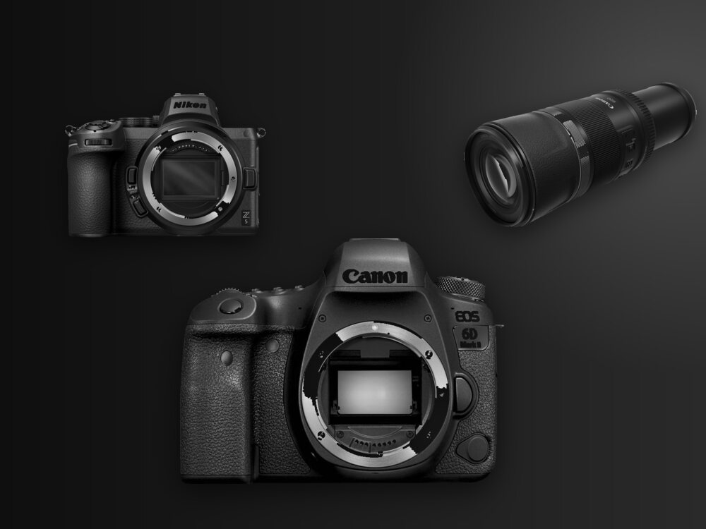 Cuerpos Canon EOS 6D Mark II y Nikon Z5 junto a un teleobjetivo, disponibles para alquiler